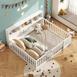 SOFTWEARY Kinderbett mit Lattenrost, und Zaun, 140x200 cm, Jugendbett, Rausfallschutz, Stauraum, Kiefer Weiß