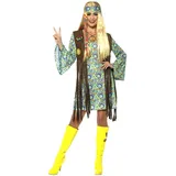 60s Hippie Chick Damen-Kostüm Kleid Fransen-Weste Stirnband Kette 70er Jahre Seventies Sixties Flower Power Festival, Größe:M
