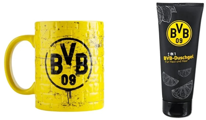 Borussia Dortmund, BVB-Tasse Gelbe Wand, Gelb, 1 Stück (1er Pack) & BVB 09 2-in-1 Duschgel, 200 ml, Schwarz