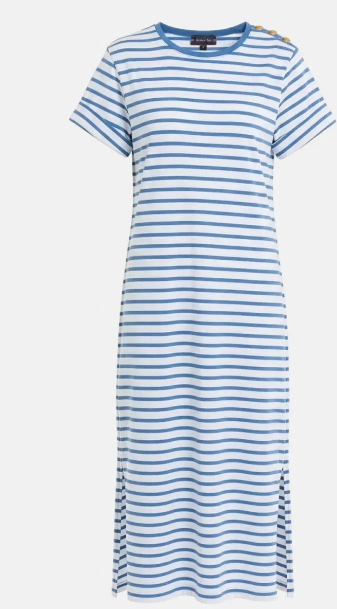 Armor Lux Kleid Damen Weiß Blau Mariniere Gestreift Schulterknöpfe