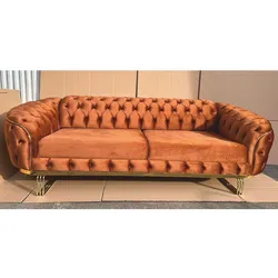 Casa Padrino Luxus Chesterfield Samt Sofa Braun / Gold 240 cm - Luxus Möbel