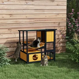 PawHut Katzenhaus aus Holz mit Hängebrücke für 1-2 Katzen bis 5 kg Gelb 84,5 x 60 x 88 cm