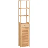 kleankin Badezimmerschrank Badschrank Aufbewahrungsschrank mit Schublade, drei Ablagen, offenes Fach, Bambus, Schrank Hochschrank Natur, Naturmaterialien, 32x163x30 cm Badezimmer, Badezimmerschränke, Hochschränke