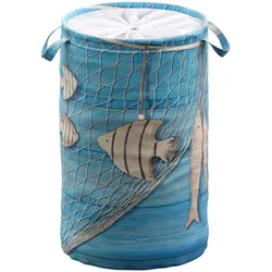 Wäschekorb SANILO "Seefahrt", blau, H:55cm Ø:37cm, Polyester, Wäschesammler, 60 Liter, faltbar, mit Sichtschutz