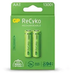 Gp Recyko Packung mit 2 wiederaufladbaren Batterien 1300 mAh Aa 1,2 V  vorgeladen  hergestellt aus mehr als 10 % recycelten Materialien