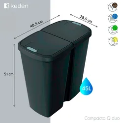 Keden Compact Q duo Mülleimer 45L mit 2 unabhängigen Deckeln in Schwarz und Braun