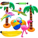 Aufblasbares Strandset für Hawaii Party mit Palmen Flamingos Bälle & Dekor