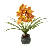 Künstliche Cymbidium-Orchidee 40cm mit Blätter und Luftwurzeln im Topf aus Keramik Blume Kunstorchidee Orchidee Phalaenopsis mit Übertopf Kunstpflanze Hochzeit Deko Seidenblume Real Blüte, orange