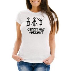 MoonWorks Print-Shirt Damen T-Shirt Weihnachten lustig Christmas Workout Flaschenöffner Korkenzieher Wein trinken Fun-Shirt Slim Fit Moonworks® mit Print weiß XXL