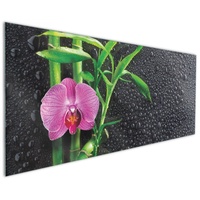 Wallario Küchenrückwand Bambus und pinke Orchidee auf schwarzem Glas mit Regentropfen, (1-tlg) schwarz 125 cm x 50 cm