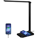 whicow weareok Schreibtischlampe LED Dimmable,Tischlampe Augenschutz,Desk Lamp 5 Farb und 6 Helligkeitsstufen,10W QI KabellosemLadegerät und USB-Anschluss Table Lamp mit Stecker Touch für Büro Schwarz