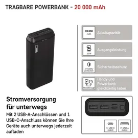 EMOS ALPHA2 Powerbank 20000mAh mit Passthrough, Ausgang 2x USB, 1x USB-C; Eingang 1x micro USB, 1x USB-C, inkl. USB-C Kabel, B0527B - schwarz
