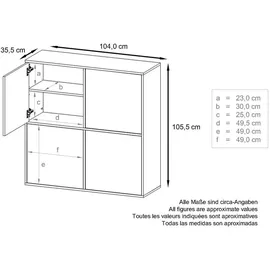 Vladon Highboard 104 x 105,5 x 35,5 cm Schwarz matt / Weiß Hochglanz