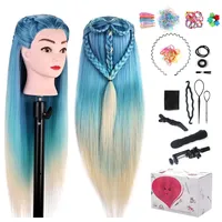 TopDirect Frisierkopf, 75cm/29.5 Zoll Puppenkopf zum Frisieren Langhaar, 100% Synthetische Haare Trainingskopf, Übungskopf Friseur mit Flechthilfe & Halterung, Hellblau + Beige