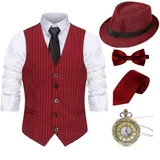 Gionforsy 20er Jahre Herren Weste Kostüm Zubehör Set mit Hut Weste Fliege Krawatte Taschenuhr Gangster Accessoires Set für Great Gatsby Party Halloween Karneval Fasching Mottoshow