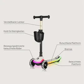 lionelo Kinder Balance-Roller RGB Mey ab 3 Jahren bis 50 kg, LED-Beleuchtung auf dem Trittbrett, und faltbar mit Korb - beige