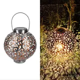 Navaris Metall LED Solarlaterne außen - mit Tragegriff - 21cm - cooler Schatteneffekt - Orientalische Garten Solar Laterne - Gartendeko Lampe Silber