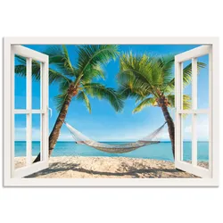 Wandbild ARTLAND "Fensterblick Palmenstrand Karibik", weiß (farbe bild(er): weiß), B:70cm H:50cm, Bilder, als Alubild, Outdoorbild, Leinwandbild, Poster, Wandaufkleber
