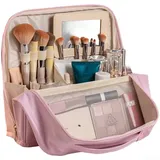 Große Kapazität, seitliche Öffnung, wasserdichte Make-up-Tasche mit integriertem Spiegel für Reise-Kulturbeutel, PU-Kosmetikkoffer (Rosa)