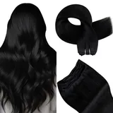 Hetto Tressen Echthaar Schwarz 55cm Haar Extensions Echthaar Tressen Menschliches Echthaar Tressen zum Einnähen Doppelt Tressen Lang Schwarz #1 100g
