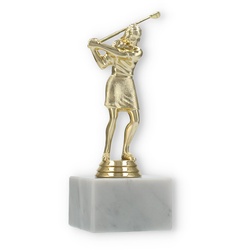 Pokal Kunststofffigur Golf Damen gold auf weißem Marmorsockel 17,0cm