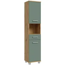 Forte VERIS Badschrank 40, hoher Badezimmerschrank mit 2 Türen, 1 Schublade und 1 offenem Fach, Holzwerkstoff, Salbei mit Artisan Eiche Holzdekor, 40,2 cm breit x 186,8 cm hoch x 34,8 cm tief