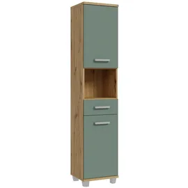 Forte VERIS Badschrank 40, hoher Badezimmerschrank mit 2 Türen, 1 Schublade und 1 offenem Fach, Holzwerkstoff, Salbei mit Artisan Eiche Holzdekor, 40,2 cm breit x 186,8 cm hoch x 34,8 cm tief