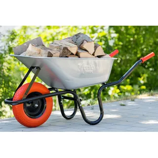 TIREX by xonic® Schubkarre mit Stahlfelge – Verzinkte Wanne bis 250kg/ 100l - Robuste Ausführung für Garten und BAU – Schieb-Karre mit PU Vollgummi-Rad (Rot- Silber)
