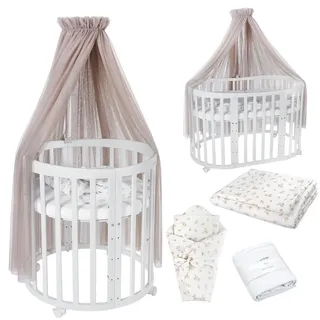 Waldin Oval Baby-Bett Mitwachsend Komplett Set 7in1, Gitterbett, Kinderbett mit Matratze, Wickelkommode, Beistellbett, Holz Weiß, Stoffe Taupe Zweige