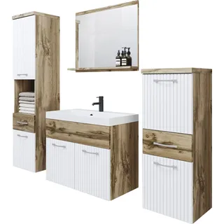 WELLTIME Badmöbel-Set »ELDA«, (Komplett-Set, 5 St.), Waschtisch inkl. Waschbecken, Hochschrank, Badschrank und Spiegel