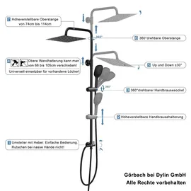dylin gmbh Regendusche Duschsystem ohne Duscharmatur matt schwarz 3030MB
