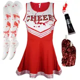 Cheerleader-Kostüm für Damen, Halloween-Kostüme für Damen, Cheerleader, Halloween-Kostüm, Erwachsenen-Zombie-Cheerleader-Halloween-Kostüm für Damen, totes Cheerleader-Blutschlauch, Strümpfe, Rot, XL - 48