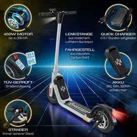 Kesser KESSER® E-Scooter mit Straßenzulassung 40km Reichweite Faltbarer Elektro 36V / 10 Ah Batterie Roller Belastung bis 120kg 450W Motor 10" Reifen LCD-Display und universelle Smartphonehalterung