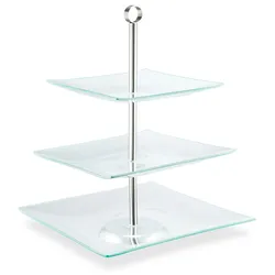 Relaxdays Etagere, 3-stöckig, eckig, Cupcakes, Kekse, Snacks, Obst, Glas, Edelstahl, Servierständer, transparent/silber
