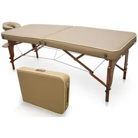 quirumed Massageliege für SPA, tragbar, Holz, Sandfarbe, lackiertes Holz, Kunstleder, hochdichte Polsterung, höhenverstellbar, klappbar, abnehmbarer Kopf, bis zu 210 kg