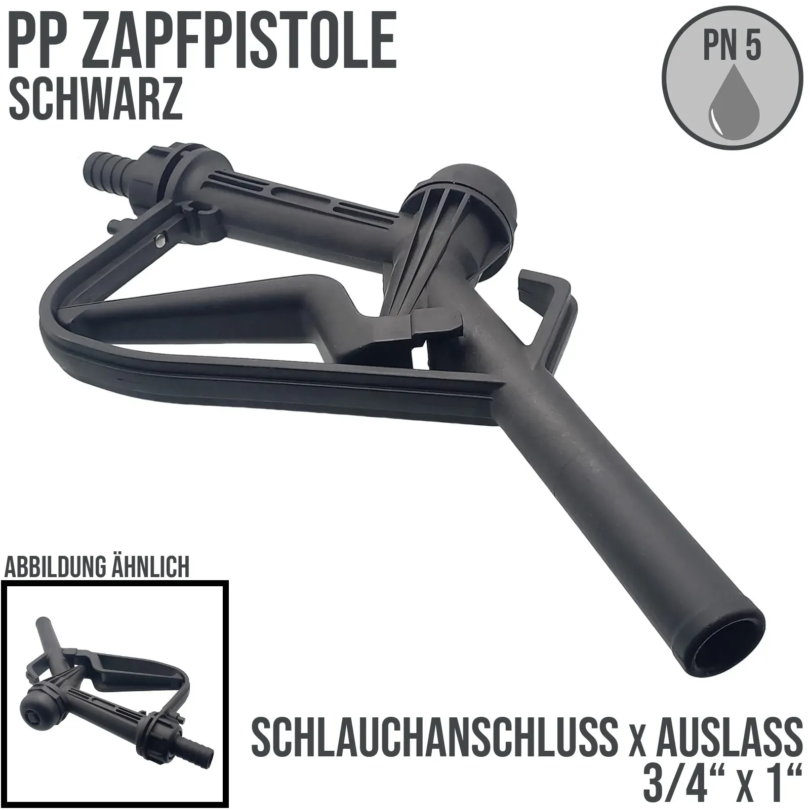 Zapfpistole (PP) schwarz Anschluss 3/4 auf Auslass 1" (nicht für ätzende Flüssi..."