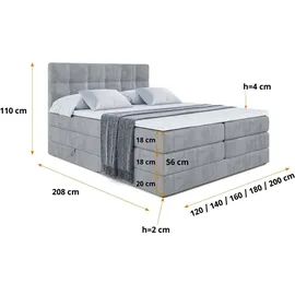altdecor Boxspringbett mit Matratze und Topper, Polsterbett mit, Bettkasten, Bett mit Stauraum H3- und H4- Matratze, Doppelbett, Springboxbett - MARCE KING - Grau Samt