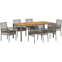 vidaXL 7-teiliges Garten-Eßtisch-Set mit Kissen Grau Poly-Rattan