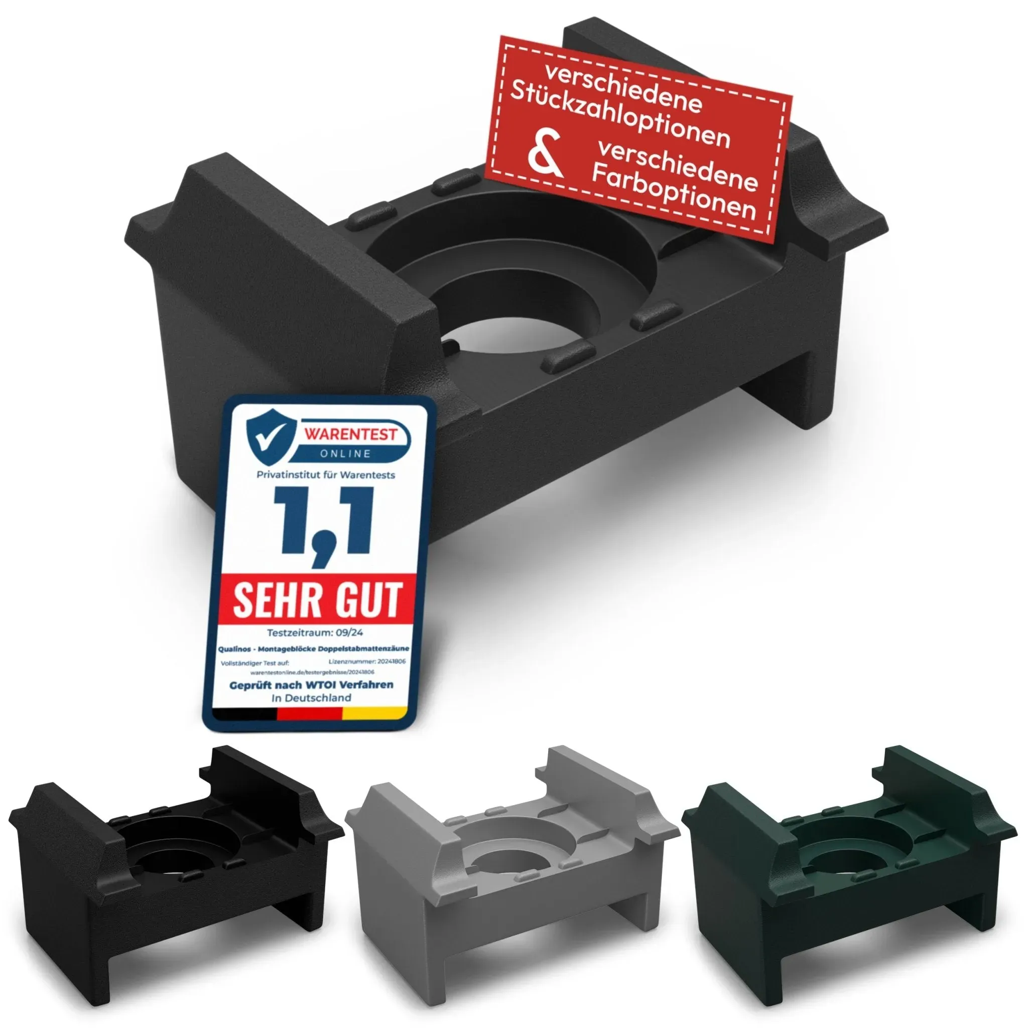 100 Stück – Qualinos Standard-Klemmbock Moosgrün für 40 mm Zaunpfosten: Führungsnasen, ovales Langloch, UV-stabilisiertes PP-COPO, frostbeständig. Ideal für Doppelstabmatten 6/5/6 mm und 8/6/8 mm.