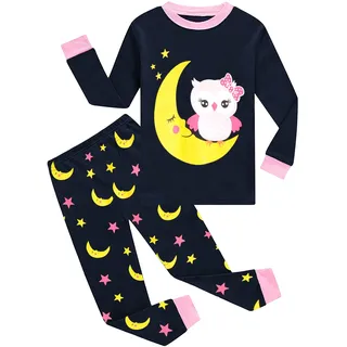 EULLA Kinder Mädchen Schlafanzüge Langarm Baumwolle Winter Pyjama Set Eule Zweiteilig Nachtwäsche 4 Jahre alt D-Dunkelblau Eule DE 104 - 104