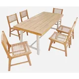 sweeek - Tisch aus Akazienholz und Metall für den Innen-/Außenbereich mit 6 Stühlen - Natur