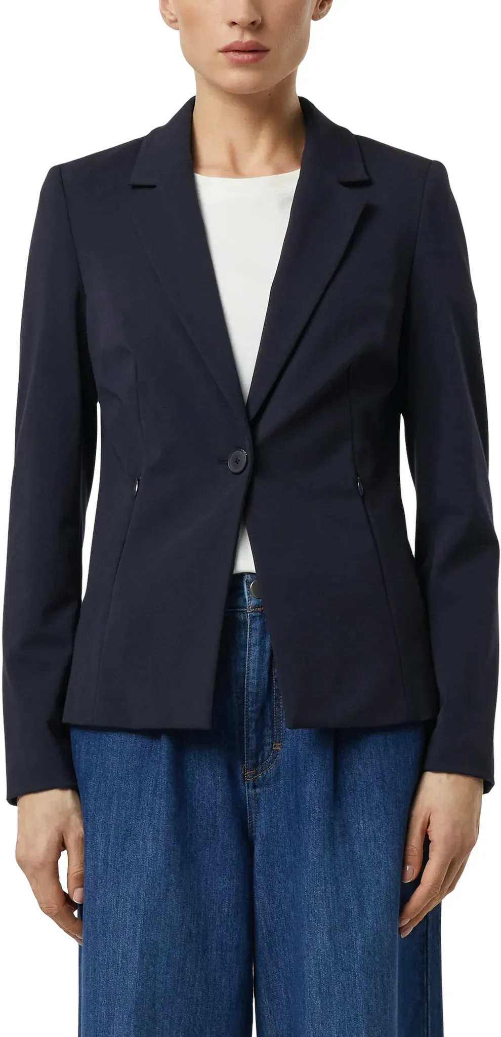 Jackenblazer COMMA, Damen, Gr. 34, navy, Web, Obermaterial: 50% Viskose, 42% Polyamid, 8% Elasthan, unifarben, körpernah hüftbedeckend, tiefer V-Ausschnitt, abgesteppte Kante, Blazer, mit Reverskragen und 1-Knopf-Verschluss