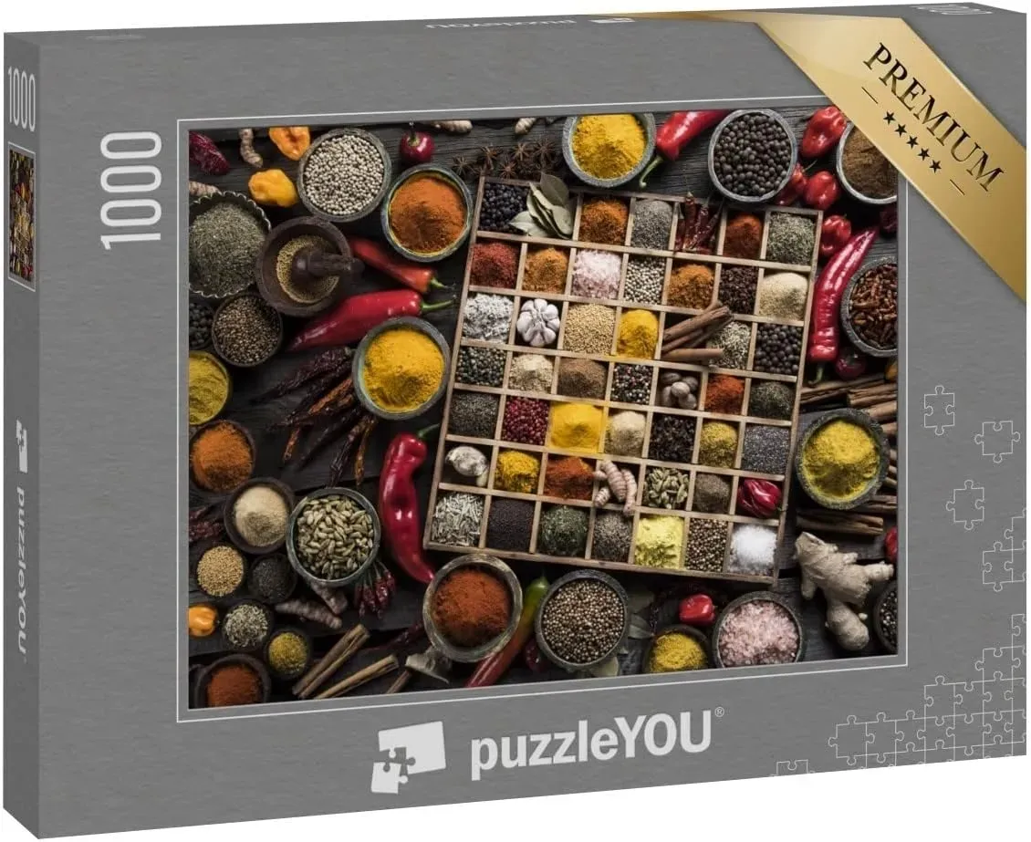 puzzleYOU - Holzkiste mit diversen Gewürzen und Kräutern [1.000 Teile] | Zustand: Neu & original versiegelt