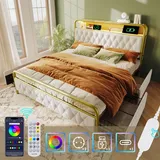 Sweiko Polsterbett Doppelbett mit aufladen USB Type C Ladefunktion APP-Control LED Bettgestell Metallbett 140×200 Bettrahmen und 4 Schubladen, Sam... - Weiß