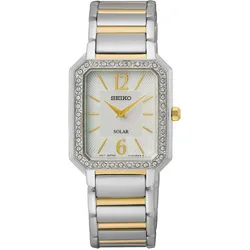Solaruhr SEIKO, silber (silberfarben, goldfarben), Armbanduhren, Damen, Armbanduhr, Damenuhr, Perlmutt-Zifferblatt, Kristallsteine, Edelstahl