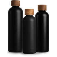 T&N Edelstahl Trinkflasche 500ml, Thermosflasche 0.5l mit Akazienholz Deckel, Isolierte Wasserflasche auslaufsicher bei Kohlensäure, Isolierflasche 500 ml - Anthrazit