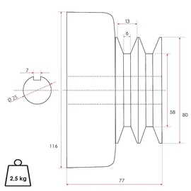Eberth Doppel Fliehkraftkupplung 25mm Welle Doppelkeilriemen, 7mm Passfedernut,