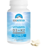 Berg Nutrition Vitamin D3 10.000 I.E + 200 μg K2 99+% ALL-Trans, 365 vegetarische Tabletten hochdosiert u. teilbar, Premium Vitamin D Tabletten, Vitamin D 3 und Vitamin K 2