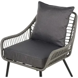 Beliani Balkonset Grau Rattan und Stahl 3-Teilig Boho Rustikal 2 Stühle 1 Couchtisch Rund mit Glasplatte 2 Auflagen Gartenmöbel Terasse Balkon Garten