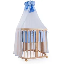Waldin Babybett aus Holz 7in1 mit Matratze, mitwachsend,Stoffe blau,Holz Natur, Blau